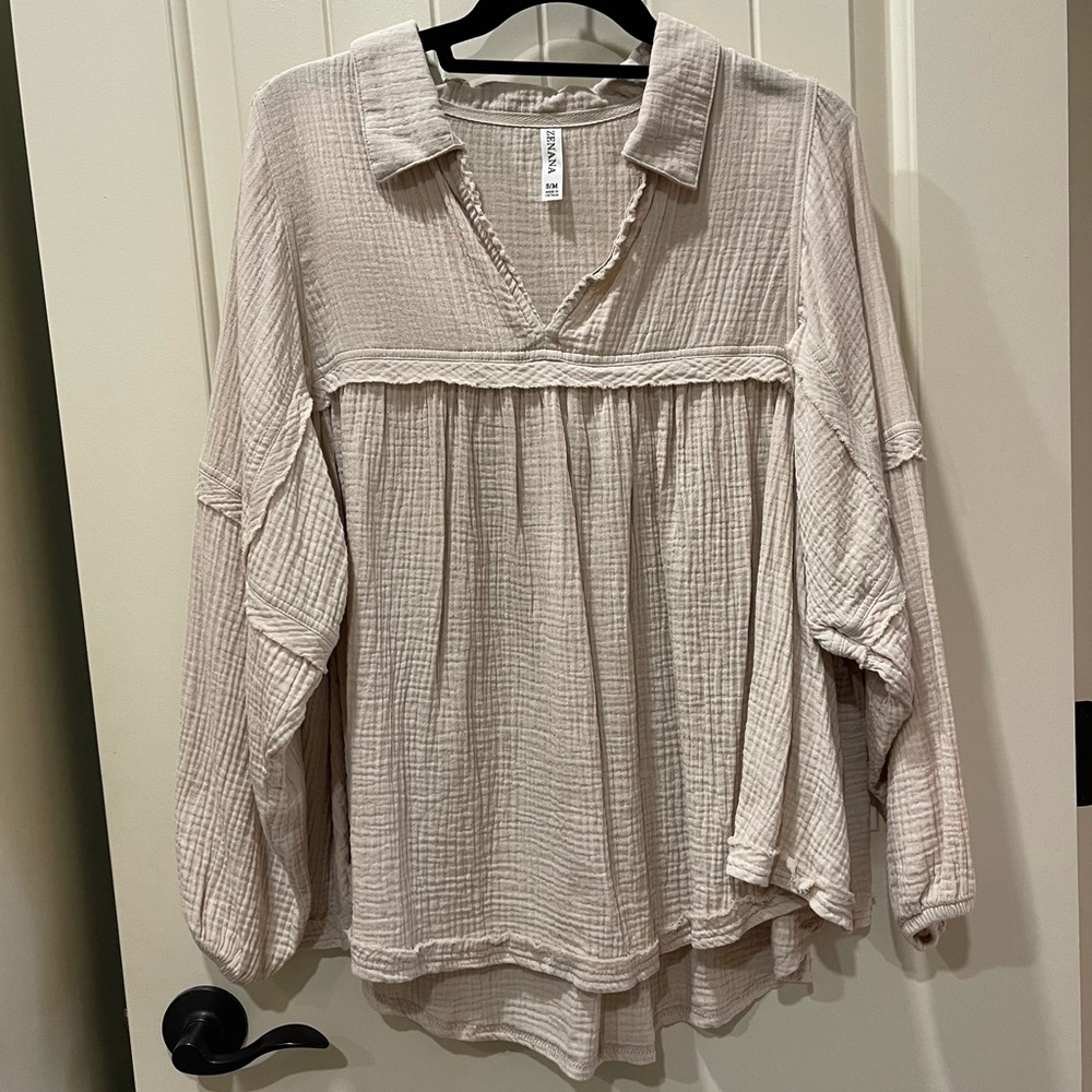 Zenana Cotton Gauze Fabric Taupe Babydoll Top